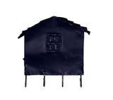 Back of iron house key hook holder with black panel and four metal hooks
