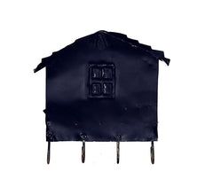 Back of iron house key hook holder with black panel and four metal hooks