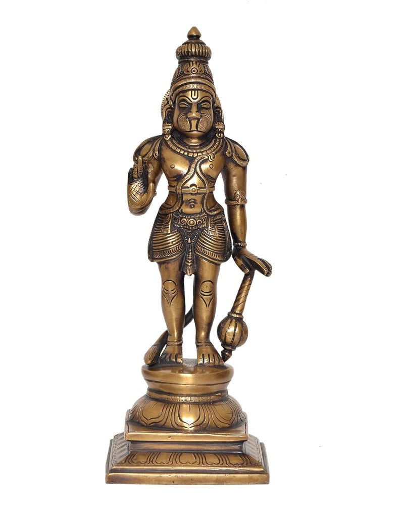 Brass Standing Blessing Hanuman Idol - Hindu Deity Statue for Home Temple Office Decor (Height: 12 Inch)