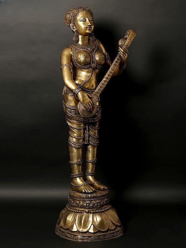 Brass Large Standing Apsara Playing Veena Sculpture (Height: 55 Inches) Craft Detail