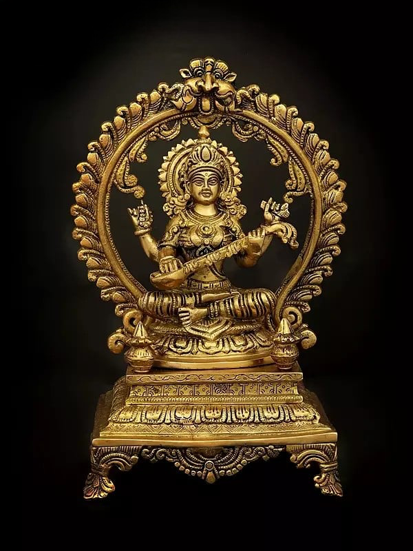 Brass Goddess Saraswati Statue Seated on an Elevated Plinth 13 inches Mandir Setting