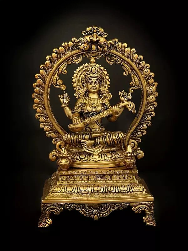 Brass Goddess Saraswati Statue Seated on an Elevated Plinth 13 inches