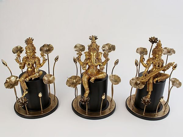 Brass Statue Set of Lakshmi, Ganesha, and Saraswati Idol (Height: 18 Inches)