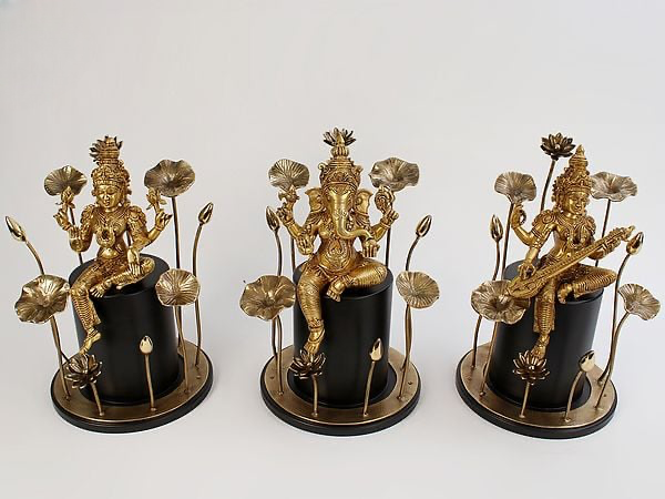 Brass Statue Set of Lakshmi, Ganesha, and Saraswati – Ideal for Temple Worship 28 cm