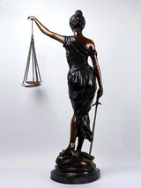 Justice lady statue from behind, holding balance scales overhead and sword by side.
