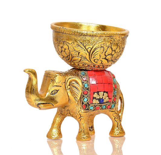 Metal Elephant Dry Fruit Bowl Showpiece Gold Polish for Home Decor Room Table & Gift Diwali,Raksha Bandhan (Height 5 Inch) (Elephant Red Multicolor)