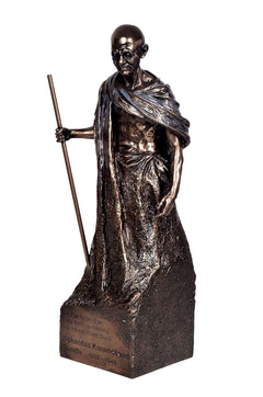 Standing Gandhi showpiece with staff, detailed face, dark metallic draped robe