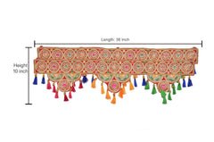 Toran door hanging, 36-inch length, circular motifs with blue orange green tassels