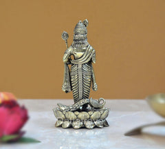 Back/side view brass Kartikeya Murugan murti with spear and lotus pedestal