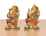 Brass Lakshmi Ganesh statue, side/back view, multicolor beaded collar and red garment