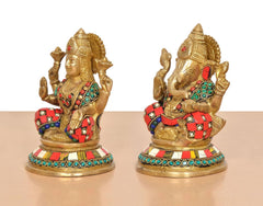 Brass Lakshmi Ganesh statue, side/back view, multicolor beaded collar and red garment