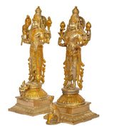 Brass Lakshmi and Vishnu statues, side view, 15-inch ornate pedestal bases