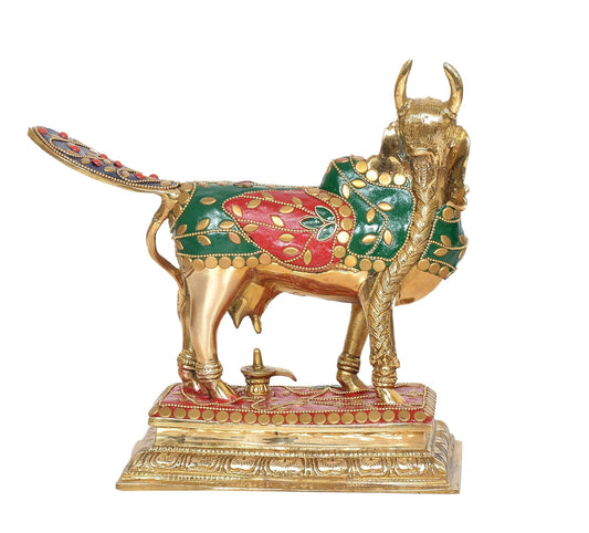 Brass Kamdhenu Cow for Home Decor Pooja Mandir Temple Office Decorative Showpiece Brass Statue (Height: 8.5 Inch)