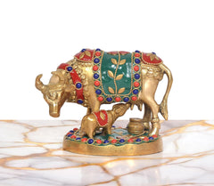 Brass Kamdhenu cow figurine with calf, colorful beaded panels and small pot base