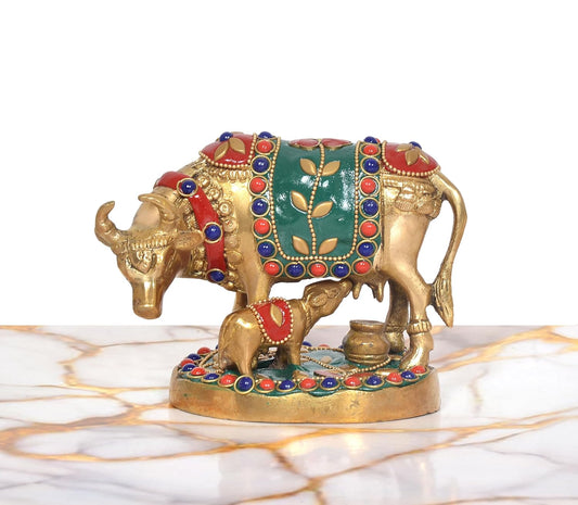 Bronze Kamdhenu Cow with Calf Idol (Height: 4 Inch)