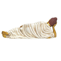 Liegendes Buddha-Idol aus Polyresin, Füße und Falten im weißen Gewand, Seitenansicht