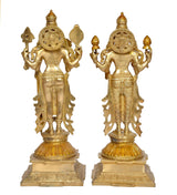 Brass Lakshmi and Vishnu statue pair, back view with ornament details, 15-inch bases