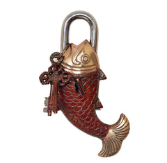 Fish lock decorative padlock with red scale pattern, brass fin tail, ornate key cluster