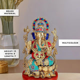 Messing-Ganesha-Idol (13 Zoll) mit mehrfarbigen Details am Kopf und Gewand