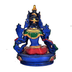 Resin Blue Tara statue, rear view: blue deity with green and red adornments