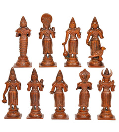 Brass Navgraha deity statues set showing back and side views of nine figures