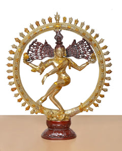 Brass Natraj Lord Shiva dancing idol, detailed halo with red wings, maroon stand