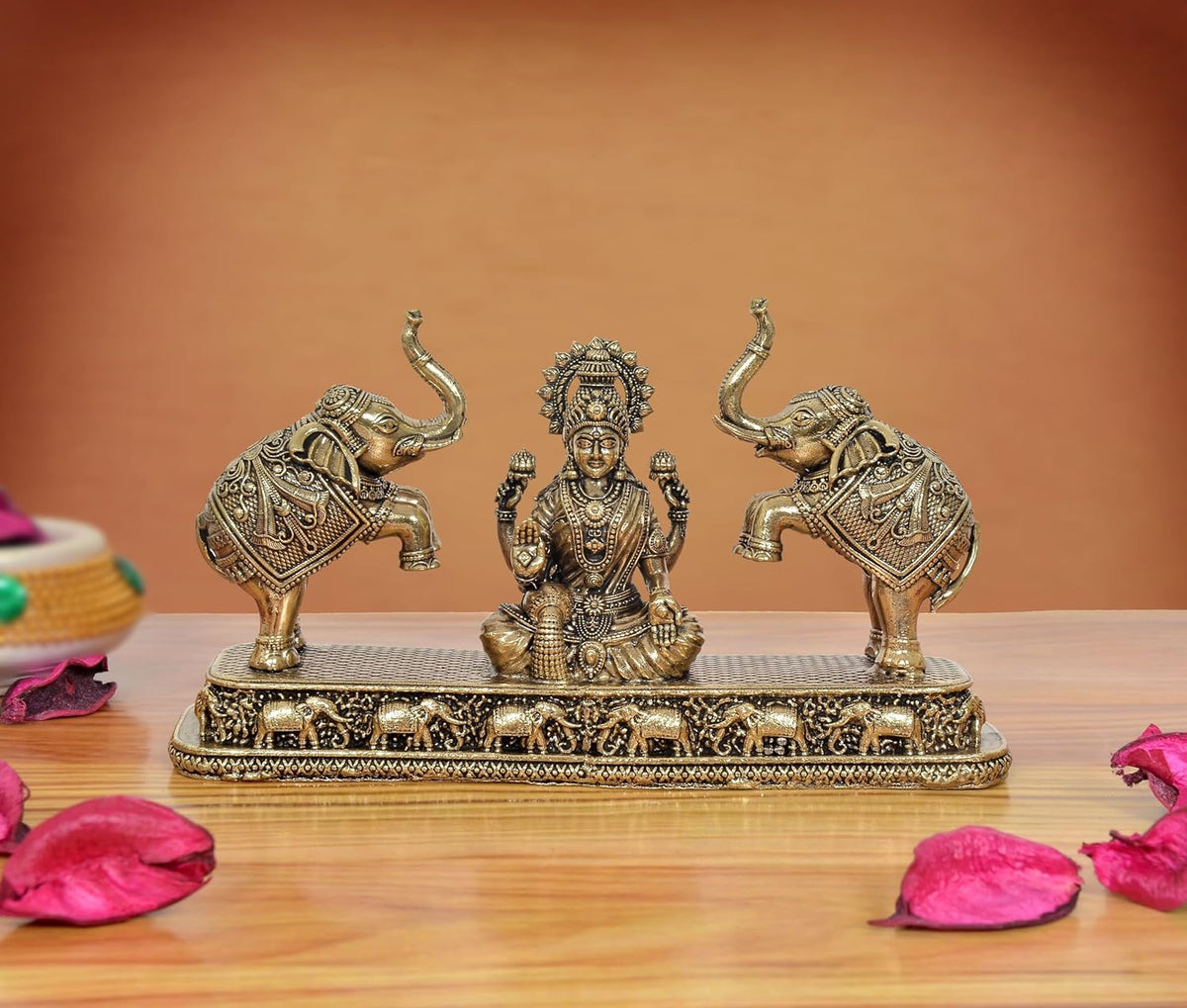 Superfine Brass Gaj Lakshmi Goddess Sitting Statue (Height 3.5 Inch)
