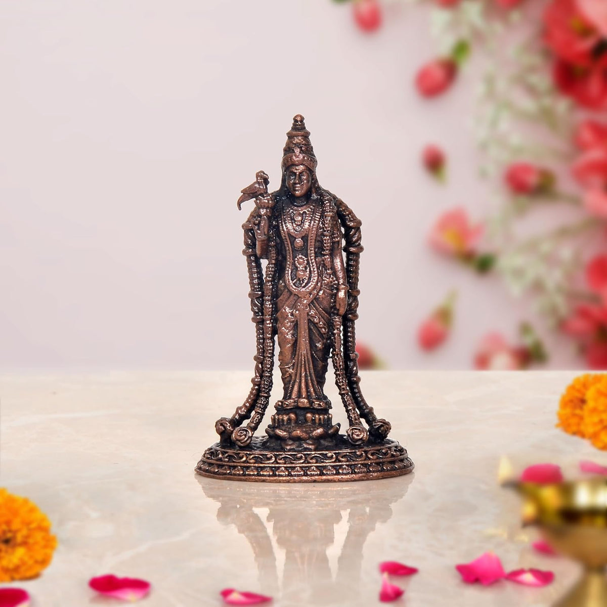 Copper Madurai Meenakshi idol, 3-inch tall, seated on ornate pedestal, front view
