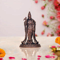 Copper Madurai Meenakshi idol, 3-inch tall, seated on ornate pedestal, front view