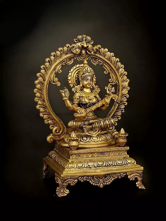 Brass Goddess Saraswati Statue Seated on an Elevated Plinth 13 inches