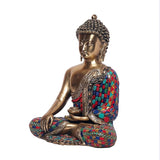 Brass Buddha meditation figurine, jeweled robe panels with teal, red, and green accents