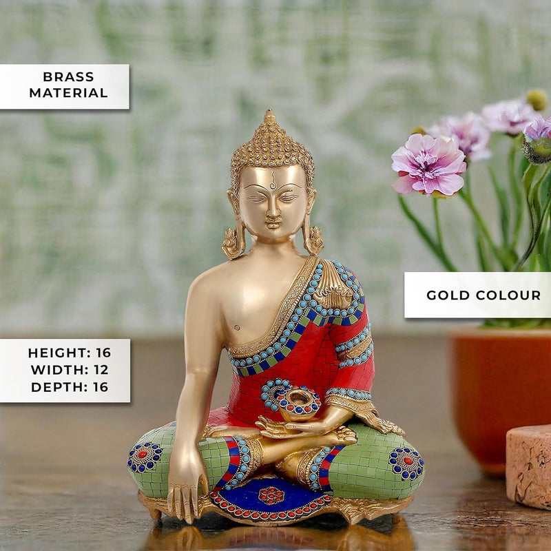 Brass Buddha in Bhumisparsha Mudra Idol (Height: 16inches)
