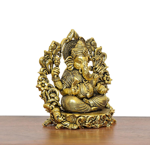 Superfine Brass Chaturbhuja Ganesha Idol with Floral Arch Golden (Height 4 Inch) Study Setting