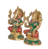 Brass Lakshmi-Ganesh statue set: Ganesha and Lakshmi, green attire, red base, gold accents