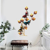 Wall hanging with iron leaf & butterfly motif, LED lights, multicolor metal leaves