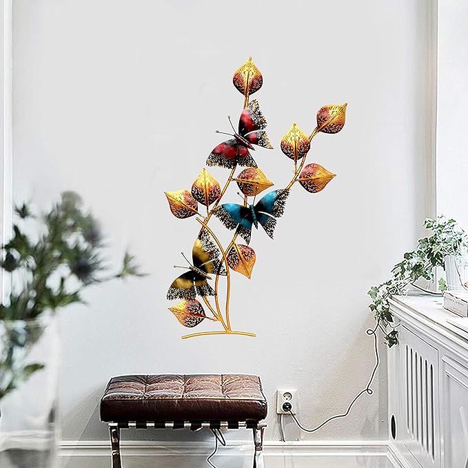 Wall hanging with iron leaf & butterfly motif, LED lights, multicolor metal leaves