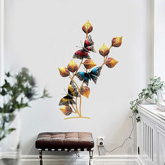 Wall hanging with iron leaf & butterfly motif, LED lights, multicolor metal leaves