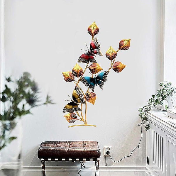 Iron Leaves and Butterfly Design Handcrafted Wall Hanging with LED Light (Height: 20)
