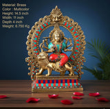 Durga Maa brass statue with painted details, seated arms, and lion mount on base