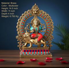 Durga Maa brass statue with painted details, seated arms, and lion mount on base