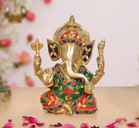 Brass Ganpati murti: seated, four-armed, with jeweled multicolor enamel details