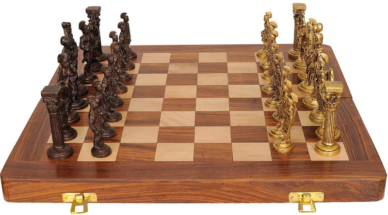 Wooden Chess Board with Brass Roman Piece - (Size 14"x14")