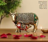 Brass cow figurine, multicolor enamel with ornate patterns, 5 in car dashboard