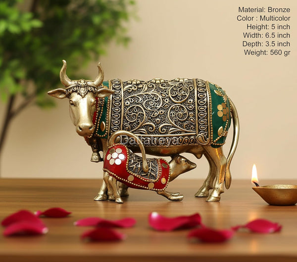 Superfine Brass Cow with Calf for Car Dashboard (Height: 5 Inch) Entryway Setting