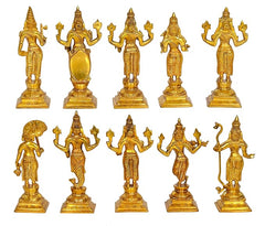 Gold Dasavatharam Vishnu avatar statues, close view of five standing idols