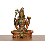 Superfine Brass Lord Shiva statue seated cross-legged, holding trident and drum, frontal view