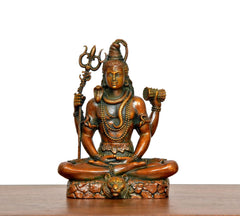 Superfine Brass Lord Shiva statue seated cross-legged, holding trident and drum, frontal view