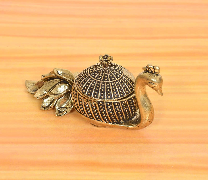 Bronze Kumkum Box Serving Duck & Swan Showpiece (Height: 2 Inch)