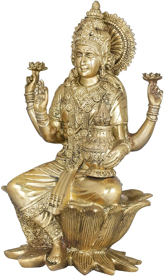 Goddess Maa Lakshmi Idol Brass Statue Sitting in Lotus Lakshmi MATA Ma Luxmi for Temple Puja Tijori Home Decor Mandir Murti Office Temple Gift Item Showpiece 12 Inches