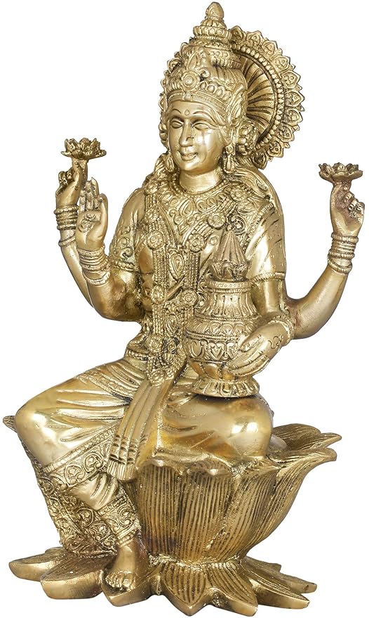 Goddess Maa Lakshmi Idol Brass Statue Sitting in Lotus Lakshmi MATA Ma Luxmi for Temple Puja Tijori Home Decor Mandir Murti Office Temple Gift Item Showpiece 12 Inches Craft Detail